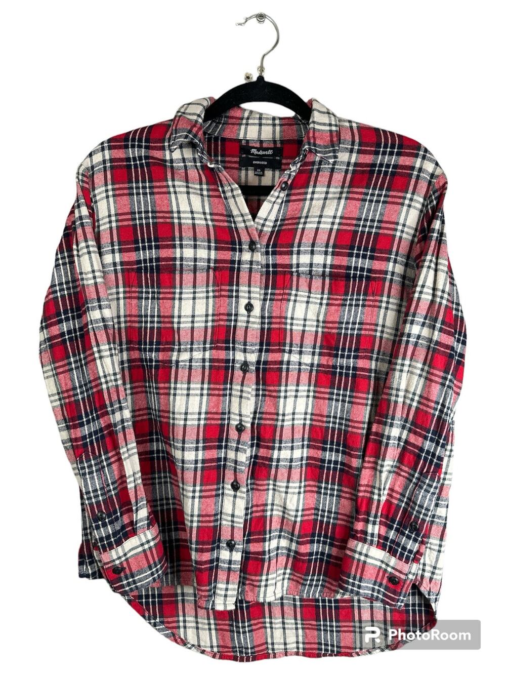 Madewell Red Blue White Plaid Button Down Long Sleeve Oversized Flannel Size XS